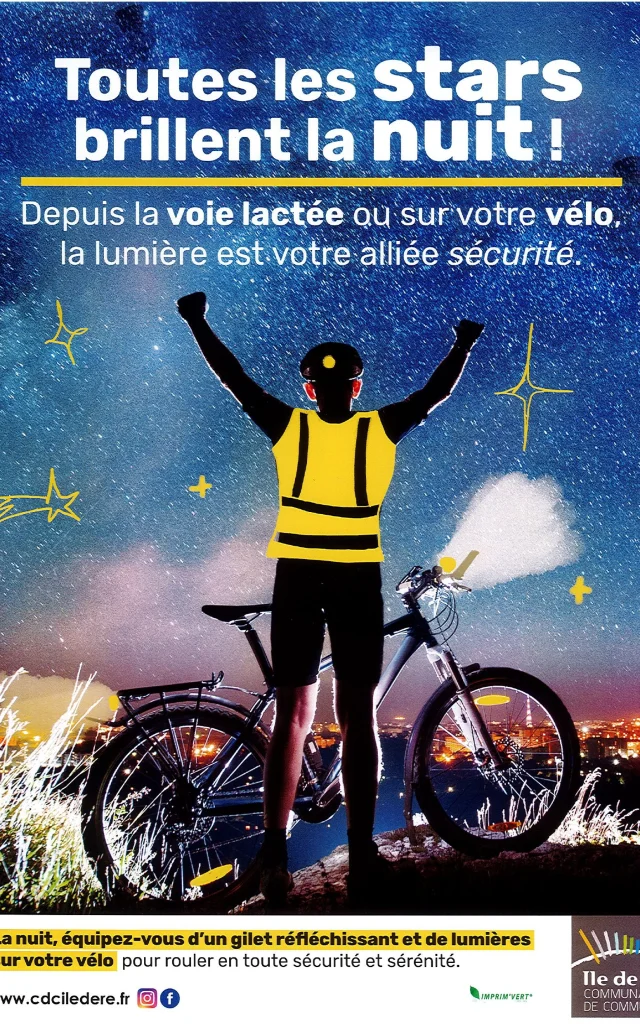 Cycliste de nuit vêtu d’un gilet jaune réfléchissant, levant les bras, slogan : Toutes les stars brillent la nuit