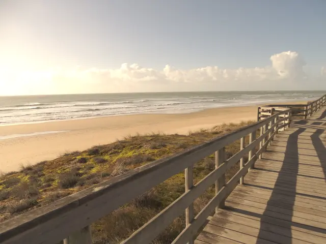 Plage et dune recouverte d'herbe vues depuis l'estacade en bois du Bois-Plage