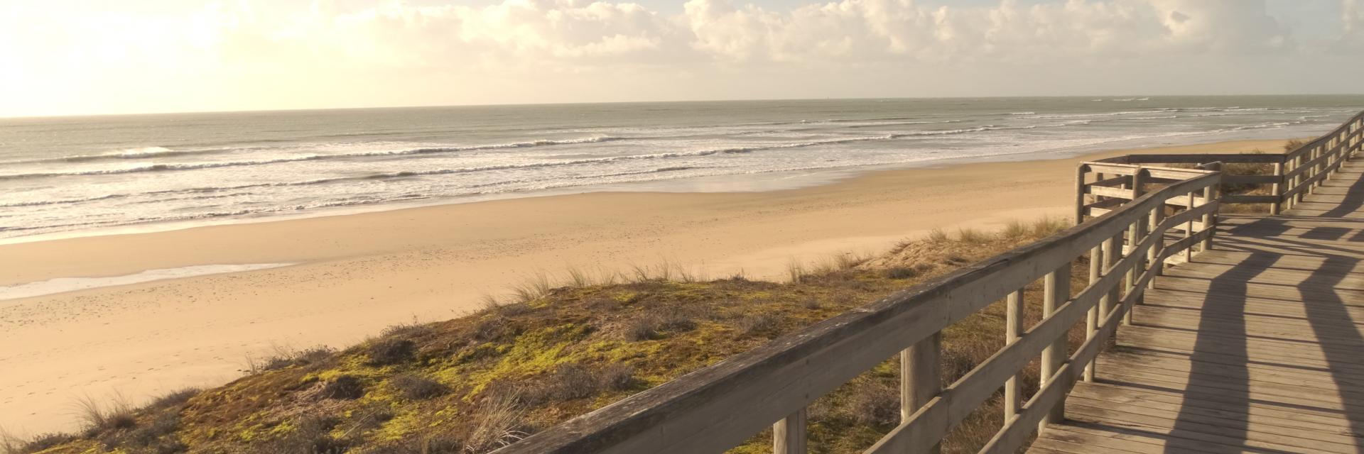 Plage et dune recouverte d'herbe vues depuis l'estacade en bois du Bois-Plage