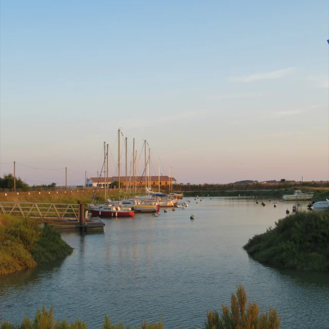 Vue du chenal du Goisil et de trois bateau amarrés dans les marais à l'aube