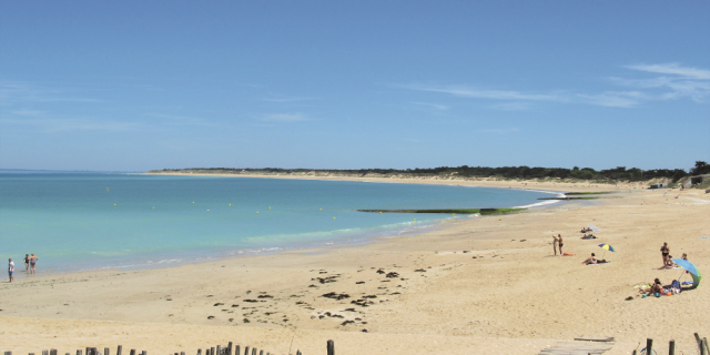 Plage de sable et aux eaux bleues avec une dune herbeuse en fond