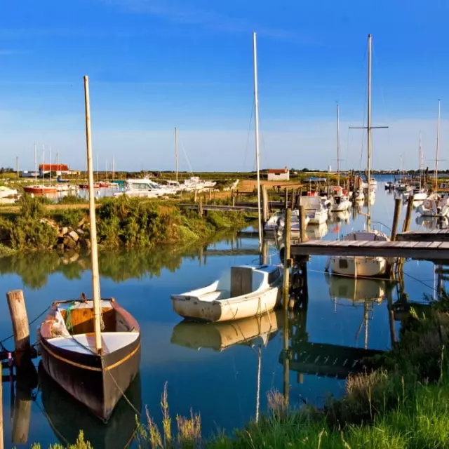 Vue du chenal sous un ciel bleu avec de nombreux petits bateaux amarrés à des pontons