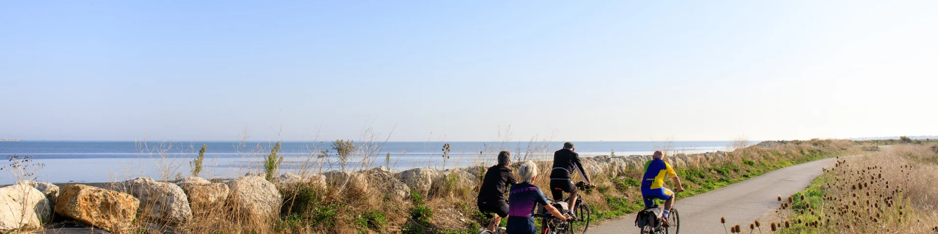 Groupe de cyclistes sur une piste cyclable côtière à La Couarde, île de Ré.