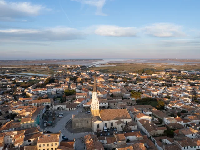 Vue aérienne du port et du village d'Ars-en-Ré entourés de marais salants.