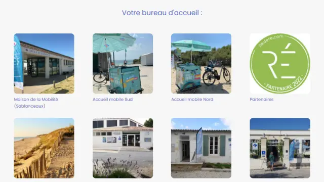 Grille de photographies présentant les différents bureaux d'accueil et points d'information touristique de l'île de Ré.
