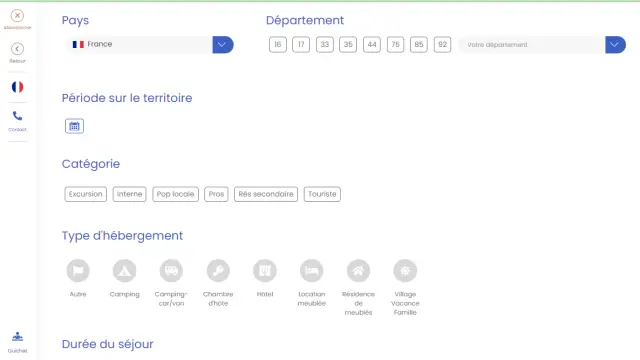 Formulaire numérique affichant des critères de recherche pour les visiteurs.