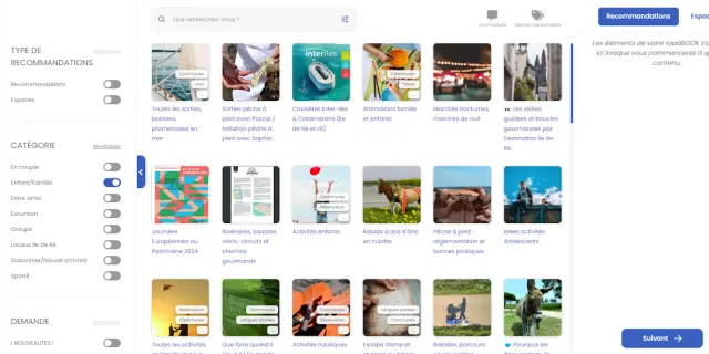 Grille interactive d'activités touristiques sur l'interface numérique du Roadbook.