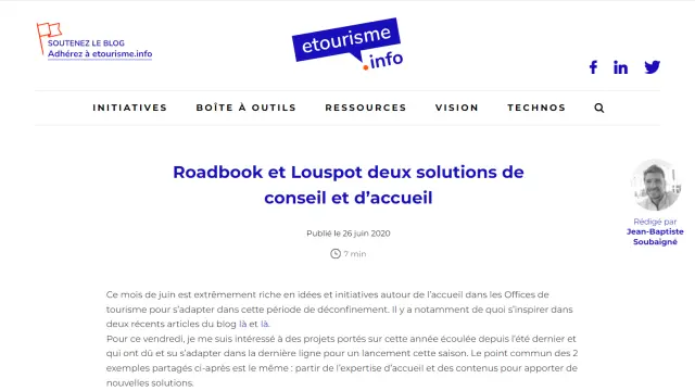Capture d'écran de l'article « Roadbook et Louspot deux solutions de conseil et d'accueil » sur le site etourisme.info.