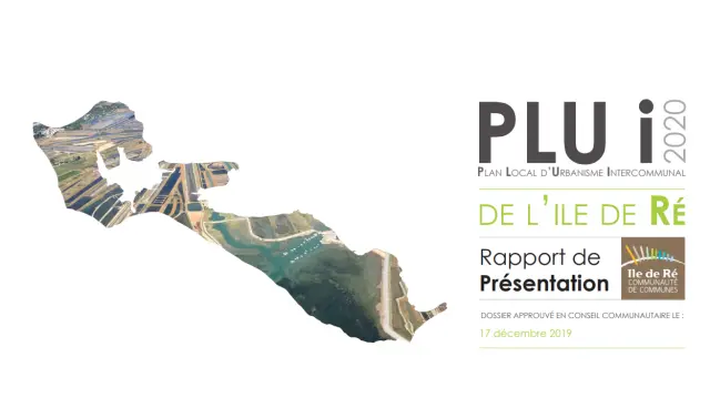 Logo et titre du Plan Local d'Urbanisme Intercommunal (PLUi) 2020 de l'Île de Ré avec une silhouette aérienne de l'île.