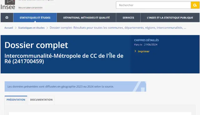 Capture d'écran du site de l'Insee affichant le dossier complet de l'Intercommunalité de la CC de l'Île de Ré.