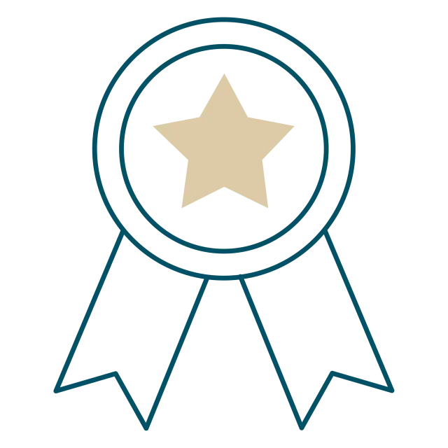 Pictogramme d'une médaille circulaire à deux rubans avec une étoile beige au centre, dessiné en traits fins bleus.