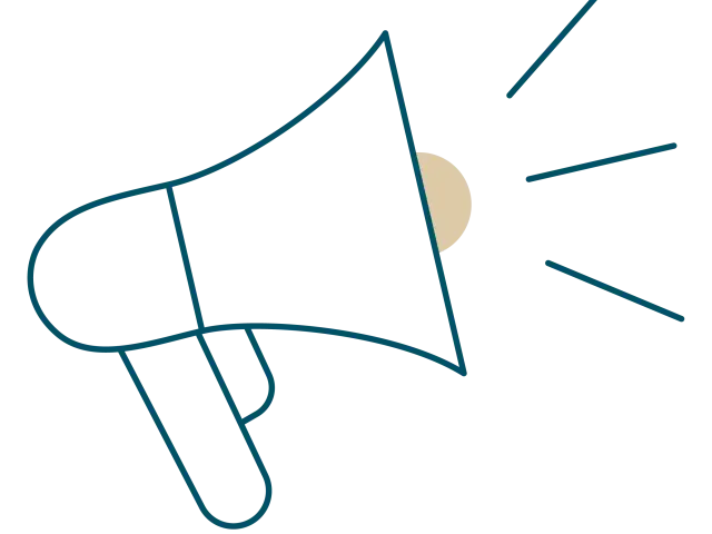 Pictogramme d'un mégaphone bleu avec un centre beige, émettant trois traits de son vers la droite.