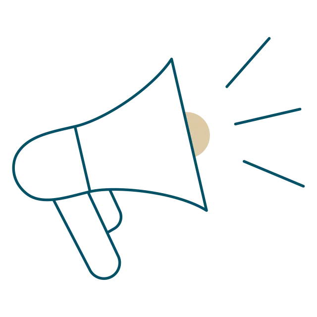 Pictogramme d'un mégaphone bleu avec un centre beige, émettant trois traits de son vers la droite.
