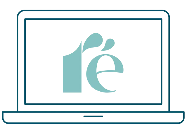 Pictogramme d'un ordinateur portable affichant le logo Ré en vert d'eau au centre de l'écran.