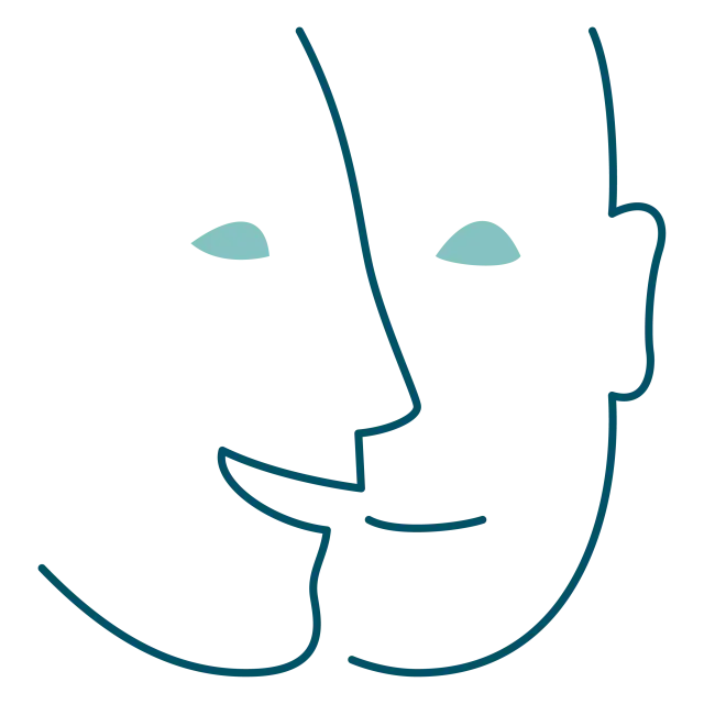 Pictogramme en traits bleus représentant deux visages stylisés imbriqués, l'un de face et l'un de profil, partageant un œil.