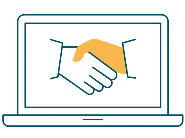 Pictogramme d'un ordinateur portable montrant une poignée de main entre une main blanche et une main orange sur l'écran.