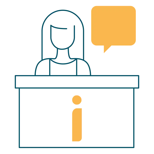 Pictogramme linéaire d'une femme derrière un comptoir d'information marqué d'un i orange, avec une bulle de dialogue orange.