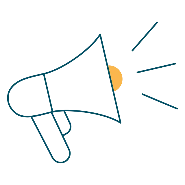 Pictogramme d'un mégaphone bleu émettant trois traits de son, avec le centre de l'ouverture coloré en orange.