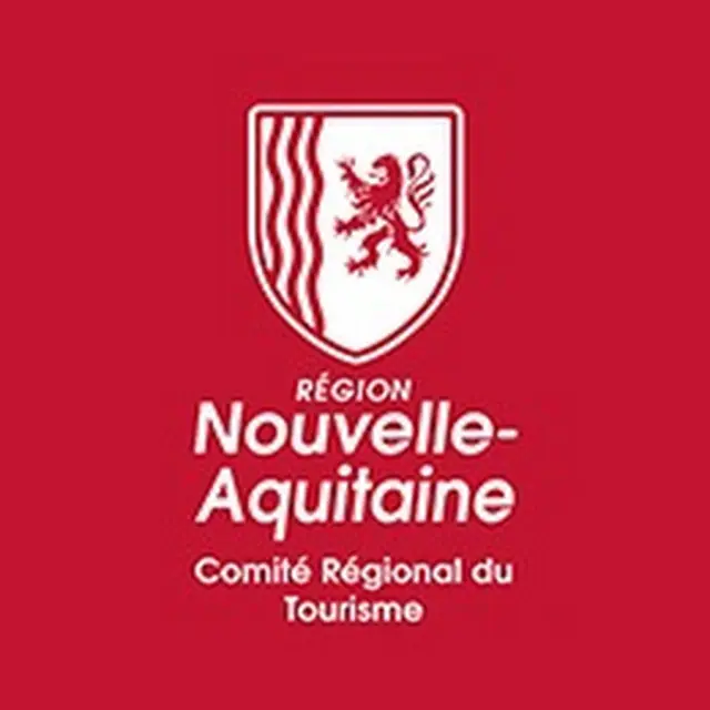 Logo officiel du Comité Régional du Tourisme de la Région Nouvelle-Aquitaine sur fond rouge.