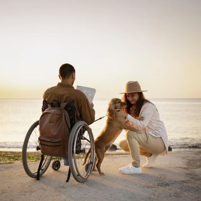 Full Shot People Traveling With Dog (Menschen, die mit Hunden reisen)