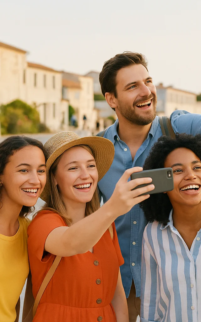 Quatre amis souriants prennent un selfie sur le port de l'île de Ré, dans une ambiance estivale ensoleillée.