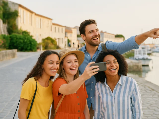 Quatre amis souriants prennent un selfie sur le port de l'île de Ré, dans une ambiance estivale ensoleillée.