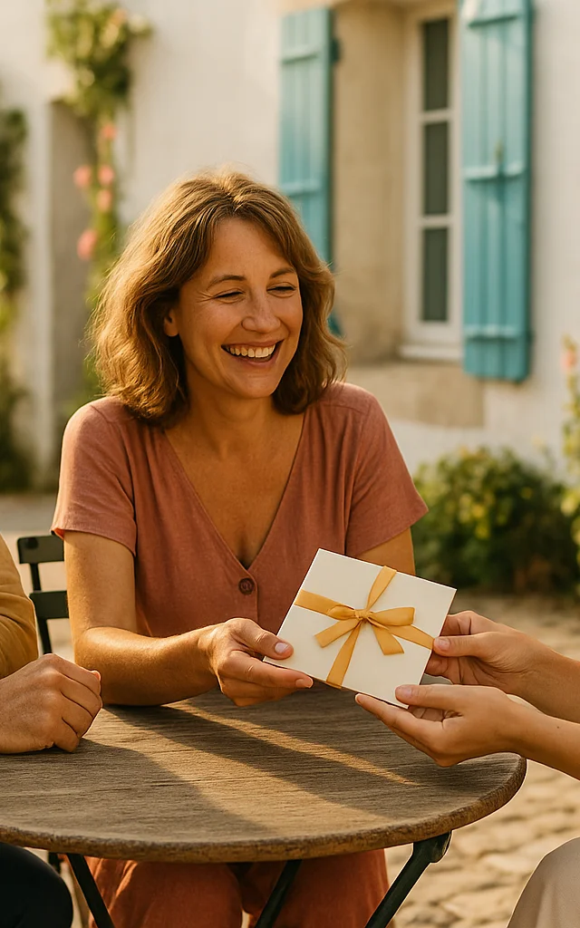 Groupe d’amis souriants en terrasse, offrant une carte cadeau pour un séjour sur l’Île de Ré.