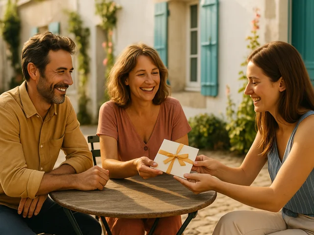 Groupe d’amis souriants en terrasse, offrant une carte cadeau pour un séjour sur l’Île de Ré.