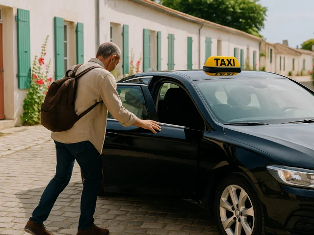 Un homme monte dans un taxi noir stationné dans une ruelle typique de l’Île de Ré, avec façades blanches et volets verts.