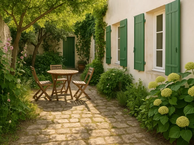 Jardin ensoleillé avec table et chaises près d’une maison blanche aux volets verts.