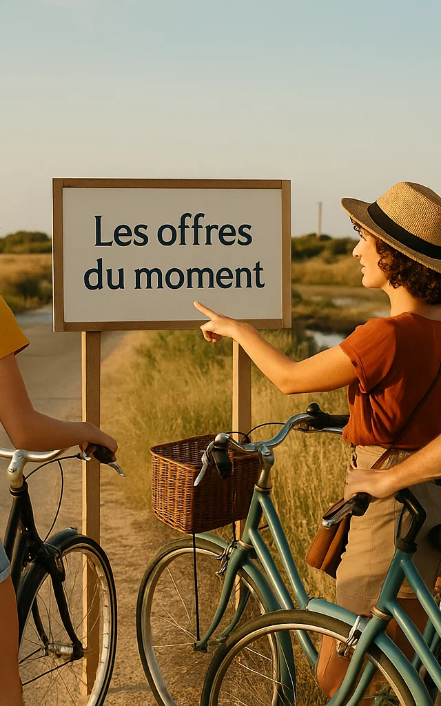 Amis à vélo s’arrêtent devant un panneau indiquant « Les offres du moment ».