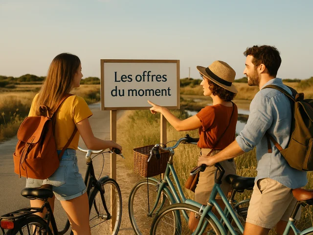 Amis à vélo s’arrêtent devant un panneau indiquant « Les offres du moment ».