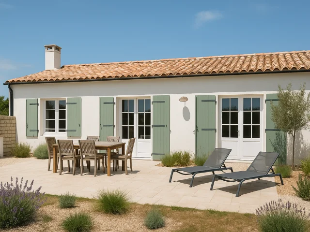 Maison de location blanche aux volets verts avec table et transats sur l’Île de Ré.