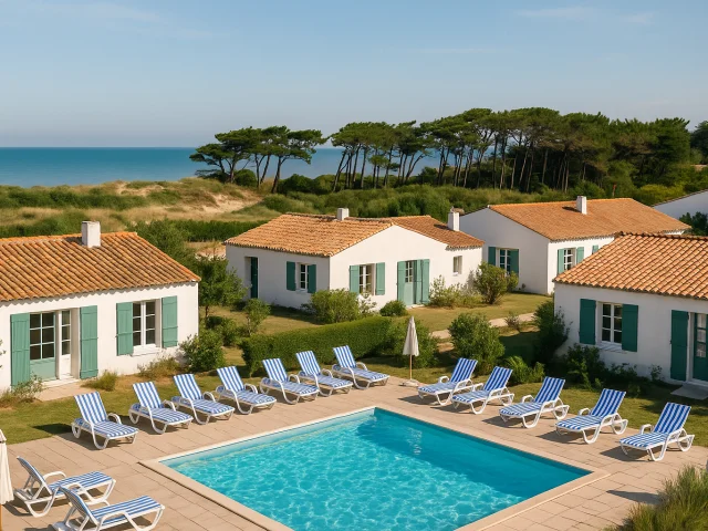 Village vacances composé de maisons blanches aux volets verts avec piscine.