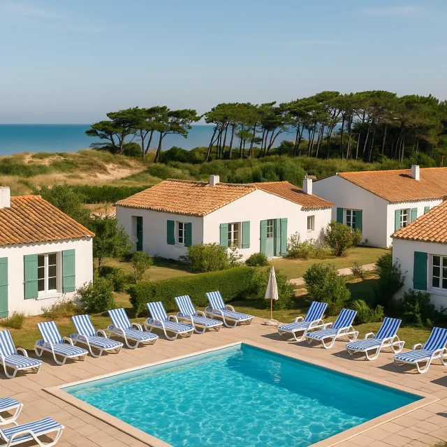 Village vacances composé de maisons blanches aux volets verts avec piscine.