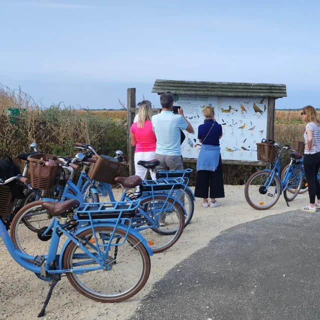 Groupe de personnes avec des vélos arrêtées devant un panneau d’information dans la réserve