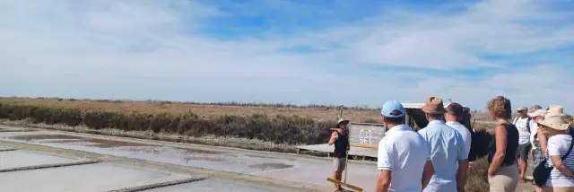 Groupe de visiteurs le long des bassins des marais salants sous un ciel bleu