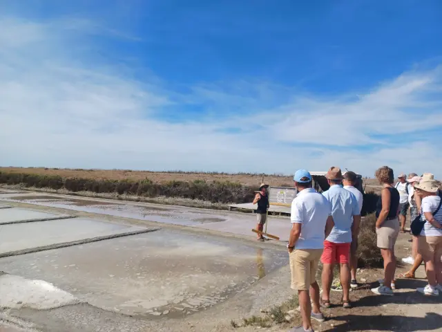 Groupe de visiteurs le long des bassins des marais salants sous un ciel bleu